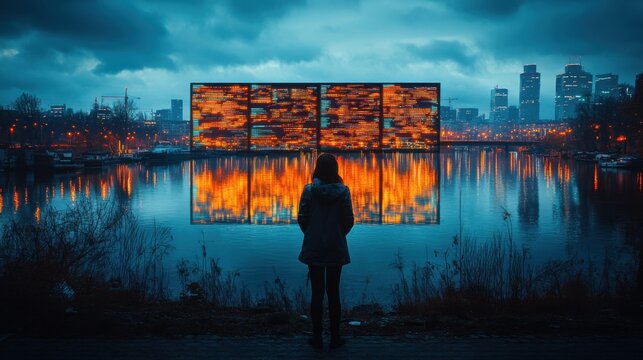 Woman Looking at Illuminated Building on Water with City Skyline - Powered by Adobe