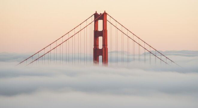 Golden gate bridge emerging from fog at sunrise, san francisco