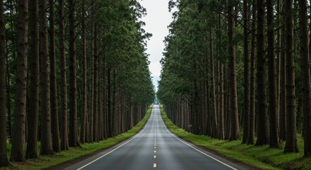 An empty asphalt road lined with tall green trees in a forest
