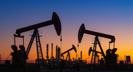 Silhouette of oil pumpjacks in an industrial field at sunset