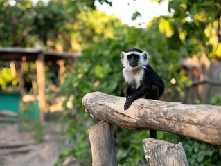 Elegant colobus monkey portrait on rustic wood branch in natural habitat