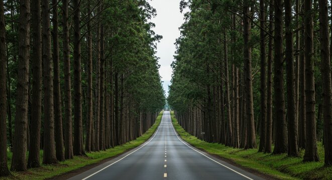 An empty asphalt road lined with tall green trees in a forest - Powered by Adobe