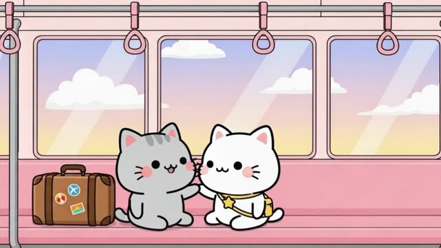 Adorable cartoon cats on a romantic journey, a cute couple holding paws on a train with luggage for their sweet travels.