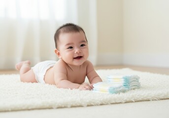Happy baby lying on a fluffy rug with a stack of diapers