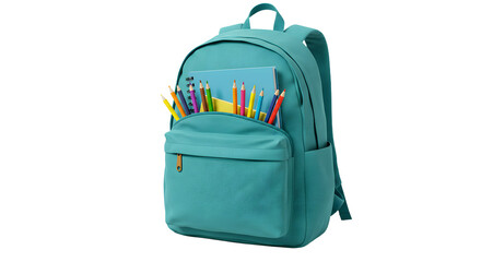 Blue backpack filled with colorful pencils isolated on white background, perfect for school or art supplies organization