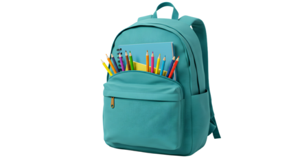 Blue backpack filled with colorful pencils isolated on white background, perfect for school or art supplies organization