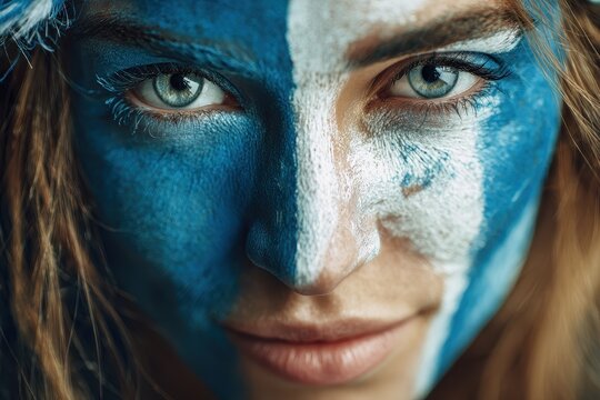 Close up of a young Caucasian woman with the Argentine flag on her face embodying football fandom and emotion - Powered by Adobe