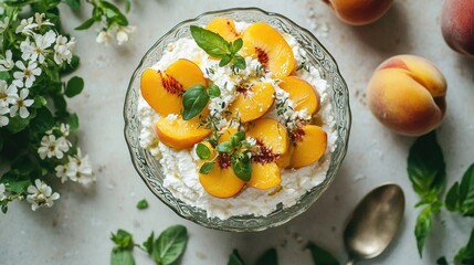Fresh peach dessert with whipped cream and mint garnish in a glass bowl surrounded by peaches and greenery on a light textured surface