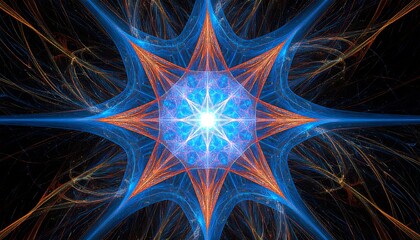 Abstract fractal design with vibrant blue and orange colors radiating from a central point