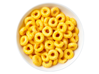Bowl of golden o-shaped cereal rings breakfast food, Isolated On Transparent Background, Png, Cut Out
