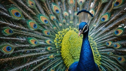 Obraz premium Peacock with Colorful Feathers. Majestic Peacock Display. Displaying Blue and Green Peacock