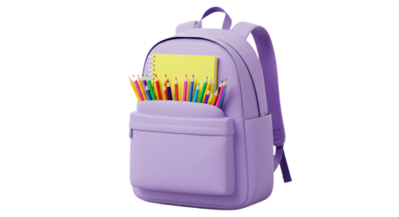 Purple backpack filled with colorful pencils isolated on white background, perfect for school or art projects