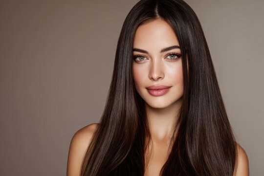 Close up of a beautiful girl with long straight hair and glowing daytime makeup Natural skin care products in a spa or beauty salon