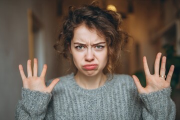 Displeased young woman at home makes a disgusted face with raised hands reflecting aversion