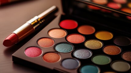 Makeup palette and lipstick with brush on a table and brown background
