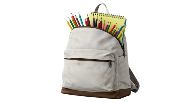 White backpack filled with colorful pencils and a spiral notebook isolated on white background, perfect for school and study themes