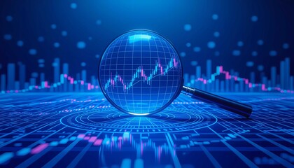 Magnifying glass on digital graph for finance analysis