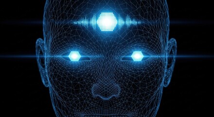 Glowing digital head, third eye, futuristic vision, network mesh.