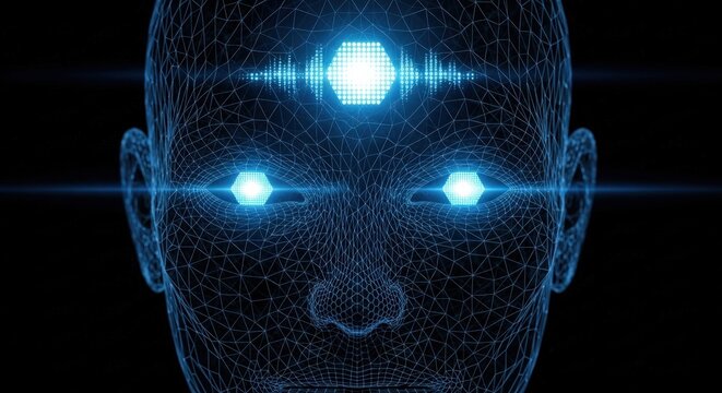 Glowing digital head, third eye, futuristic vision, network mesh.