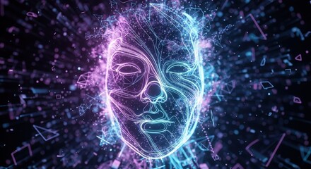 A futuristic abstract face formed from glowing blue and purple lines and particles, radiating energy on a dark background.