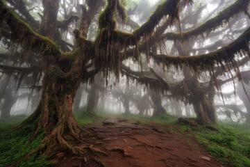 Fototapeta premium Misty, moss-draped forest path