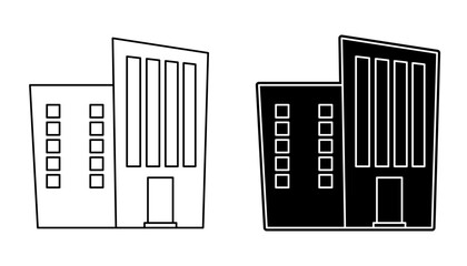 Modern building icon set in outline and solid glyph styles. Vector graphic illustration of a contemporary office or house.