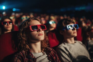 A group of teens in 3D glasses watches a film in a cinema Stock image of moviegoers