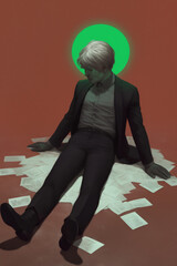 Illustration a tired young businessman with white hair sits on the floor surrounded by scattered documents. A stressed man takes a break, sitting in a sea of loose documents.
