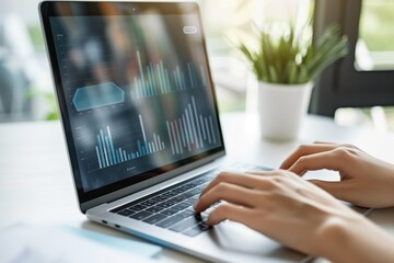 Close-up of laptop screen showing blank banking app interface, hands typing, clean white table background, fintech and digital finance theme.