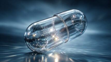 Futuristic translucent capsule floating against a blue medical backdrop with light refraction.
