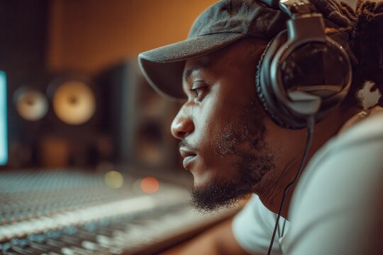 Profile image of a man with headphones at a recording studio s audio workstation centered on music production