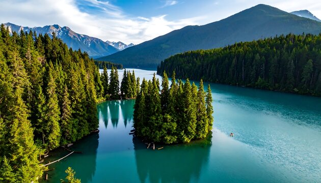 Aerial view of a pristine turquoise lake surrounded by lush green forests and mountains