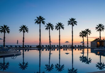 Obraz premium Palm trees reflected in a swimming pool at sunset