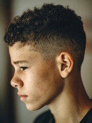 Obraz premium Teenage Boy With Fade Haircut in a Blurred School Setting, Highlighting His Thoughtful Expression During a Quiet Moment