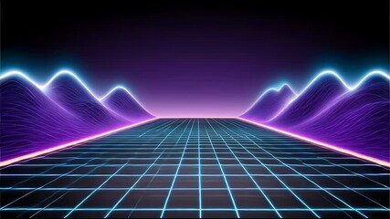Neon grid landscape featuring glowing purple mountains and futuristic digital horizon with vibrant retro wave style background bright blue pink light lines creating depth energy and 1980s sci fi art - Powered by Adobe