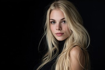 Fototapeta premium Portrait of a blonde girl against a dark studio background