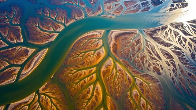 A beautiful abstract top-down aerial view of a braided river delta system in nature