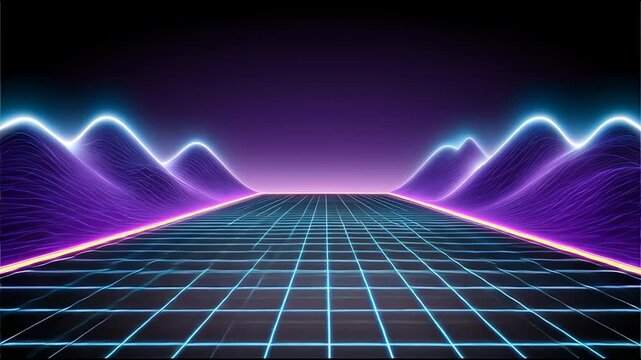Neon grid landscape featuring glowing purple mountains and futuristic digital horizon with vibrant retro wave style background bright blue pink light lines creating depth energy and 1980s sci fi art