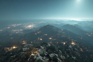Mountain range at night, illuminated by moon and city lights