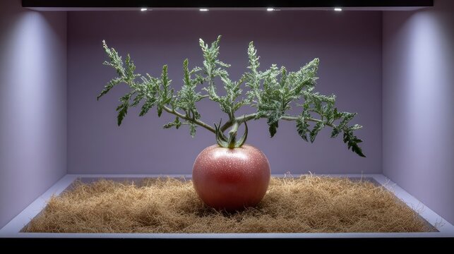 A single ripe tomato with a green plant stem rests on dry straw within a brightly lit display box
