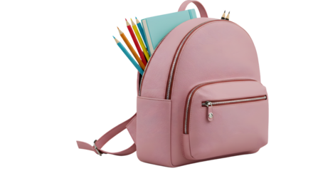 Pink leather backpack filled with colored pencils and notebooks, isolated on white background, perfect for school or art supplies