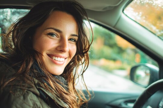 Joyful woman enjoys driving her car smiling with the window down with a garden and road behind her