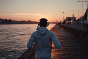 Fototapeta premium Runner wearing headphones by the river