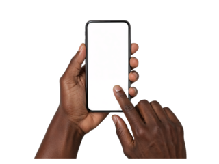 Close up of dark skinned hands holding a modern smartphone with a blank grey screen and one finger touching the display isolated on transparent background