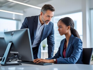 Diverse business colleagues collaborating on a computer project in a modern office environment