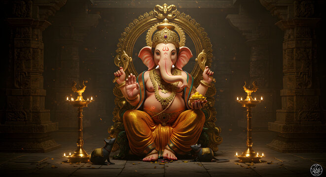 Majestic Ganesha, enthroned in a dimly lit temple, flanked by candles and small figures.