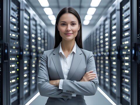 Confident female it professional standing with arms crossed in a modern server room with rows of technology equipment