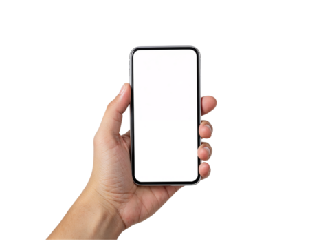 Close up of a human hand holding a modern smartphone with a blank grey screen isolated on transparent background