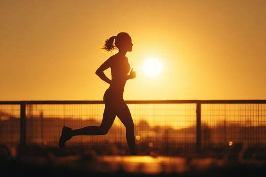 Shadow of a female athlete jogging in sunlight strengthening
