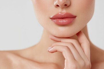 Obraz premium Caucasian young model s lips hand and shoulder with natural makeup and clear skin against a white backdrop Selective focus on facial skincare health theme
